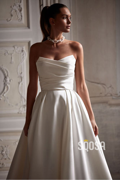 A line Strapless Satin Pleats Elegant Wedding Dress with Pockets QW2228