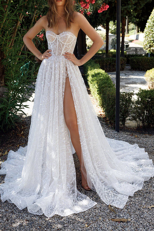 A line Sweethear Side Slit Allover Lace Wedding Dress with Court Train QW2313