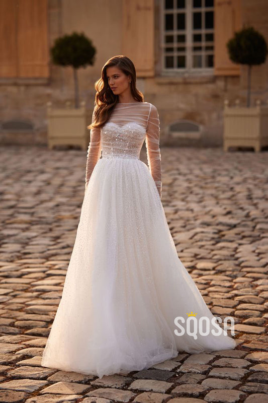 A Line Sweetheart Detachable Long Sleeves Romantic Wedding Dress QW2220