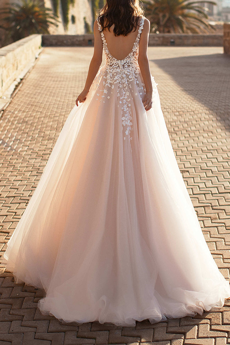 A line Hall Casual Wedding Dress Neck 3D Lace Appliqued Rustic Bridal Gown QW2263