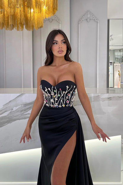 Mermaid/Trumpet Sweetheart Beads Black Long Prom Formal Dress with Slit QP2430