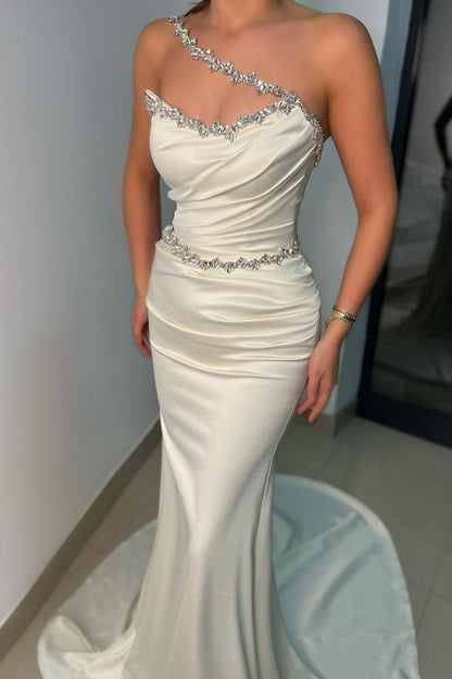 luxury Crystal Straps Satin Pleats Mermaid Long Formal Evening Dress QP2443