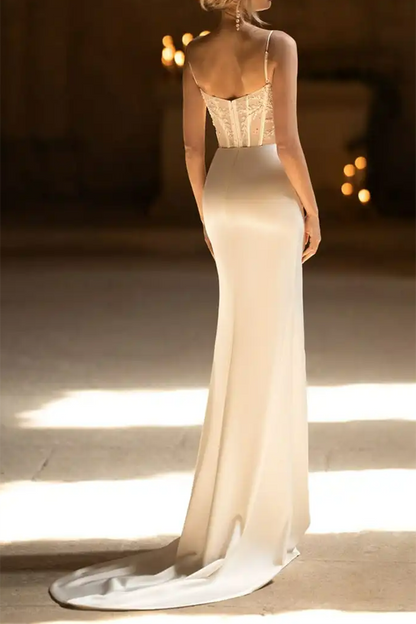 Spaghetti Straps Beads Elegant Mermaid Wedding Dress with Slit Bridal Gown QW2086