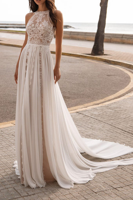 A Line Jewel Neckline Lace Boho Wedding Dress Beach Bridal Gown QW2666