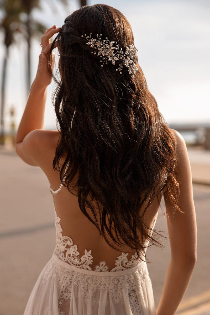 A Line Jewel Neckline Lace Boho Wedding Dress Beach Bridal Gown QW2666