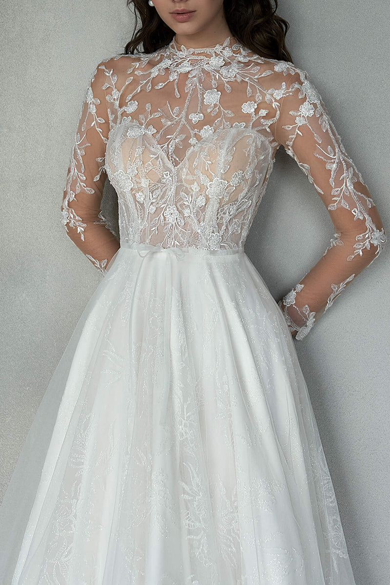 A line Illusion Neckline Romantic Lace Princess Wedding Dress Rustic Bridal Gown QW2262
