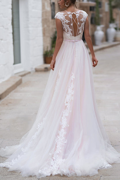 A Line Hall Casual Wedding Dress Illusion Cap Sleeves Rustic Wedding Dress Bridal Gown QW2269
