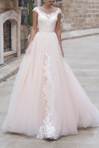 A Line Hall Casual Wedding Dress Illusion Cap Sleeves Rustic Wedding Dress Bridal Gown QW2269