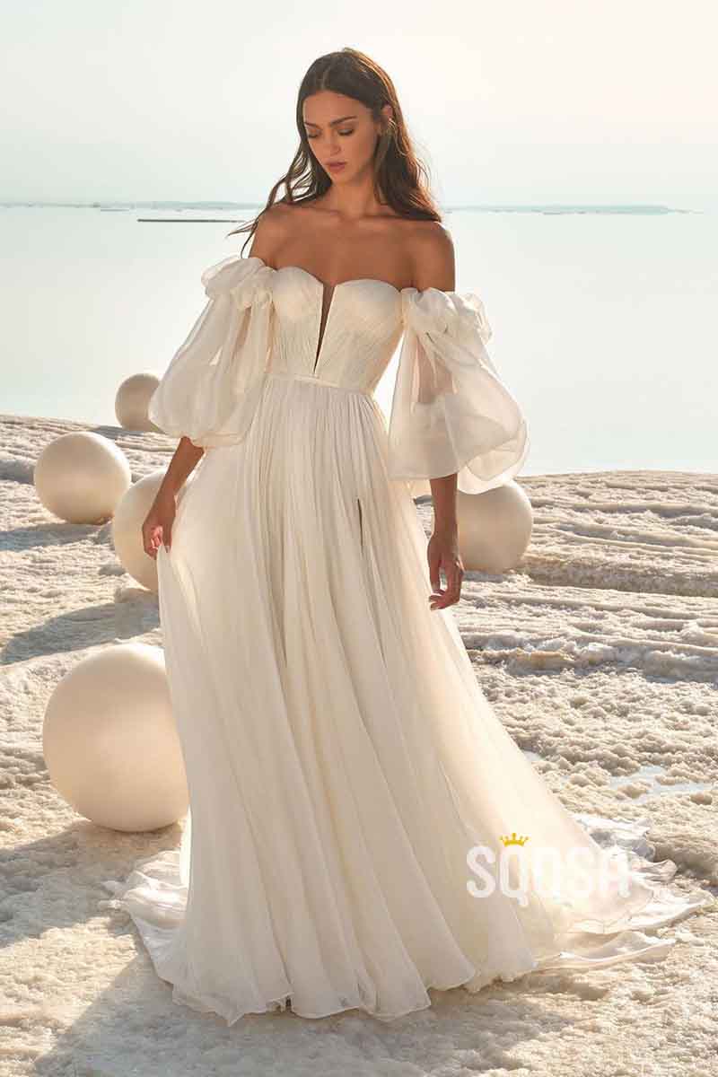 A Line Deep V neck Long Sleeves Elegant Tulle Modern Wedding Dress with Slit QW2174
