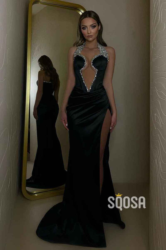 Plunging V neck Beads Black Mermaid Formal Party Dress with Slit QP2337