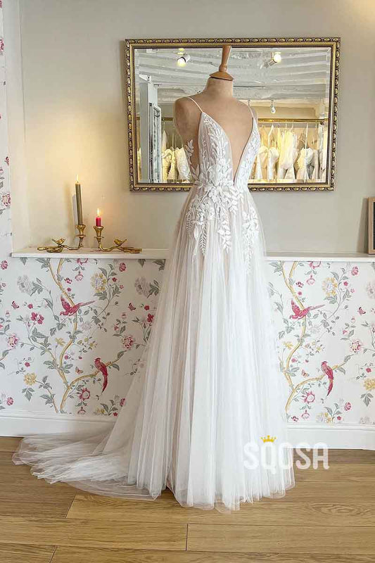 A Line Deep V neck Lace Appliques Elegant Boho Wedding Dress QW2357