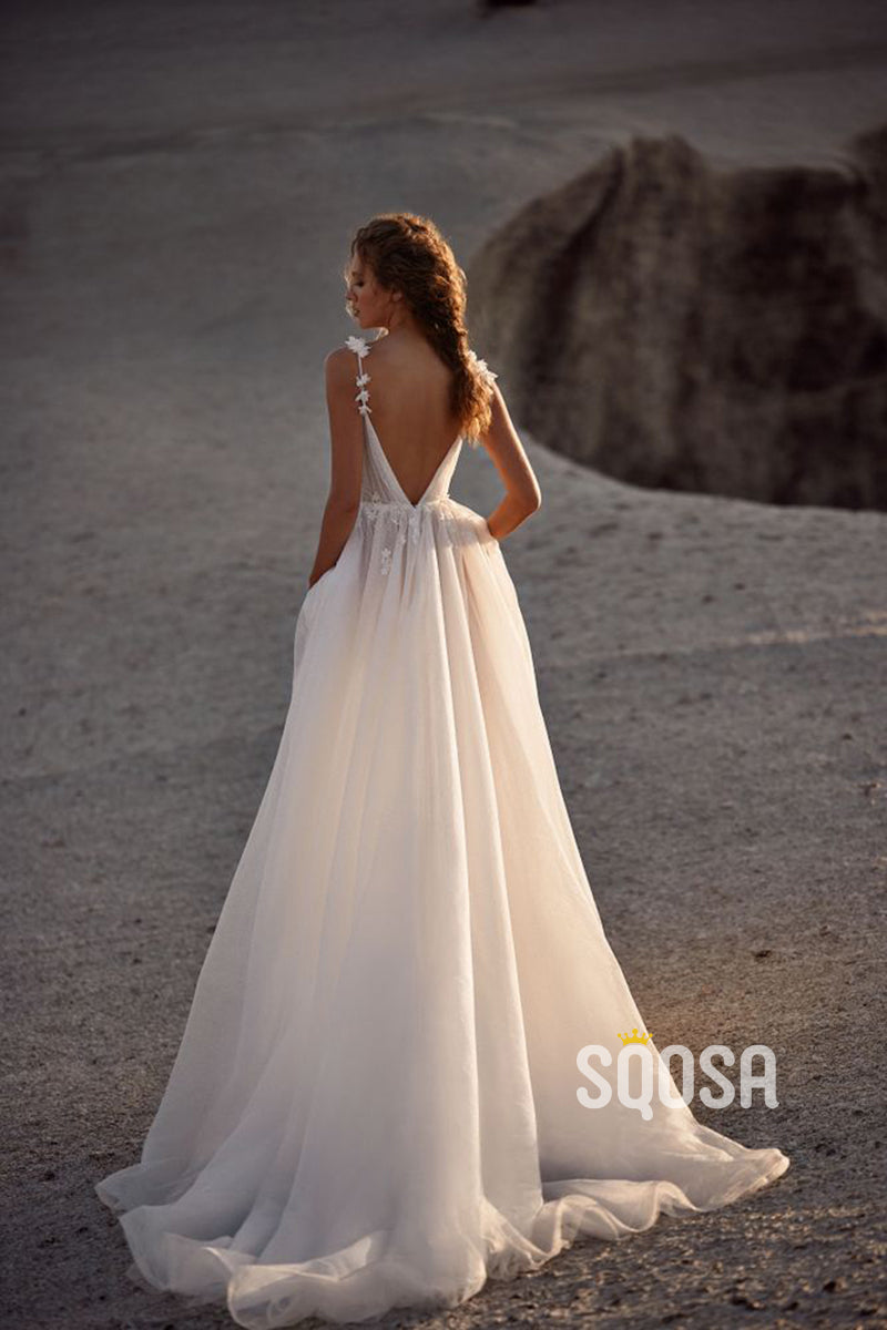 A line V neck Lace Appliques Boho Wedding Dress with Court Train QW2365