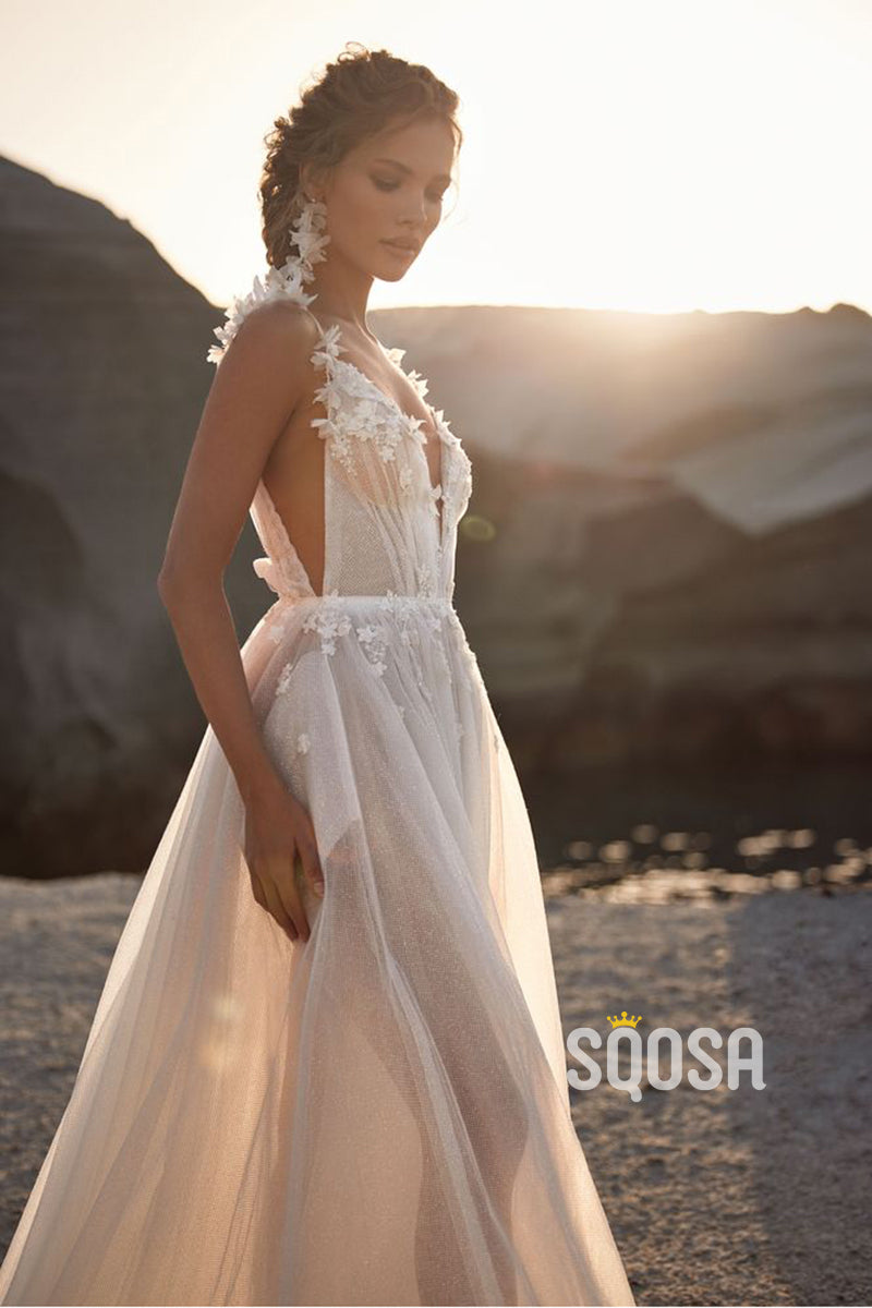 A line V neck Lace Appliques Boho Wedding Dress with Court Train QW2365