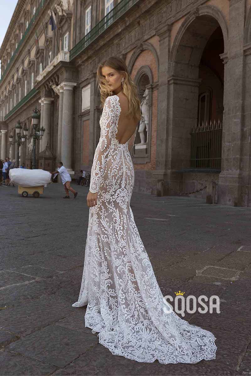 Illusion Deep V neck Long Sleeves Romanic Lace Mermaid Wedding Dress QW2456