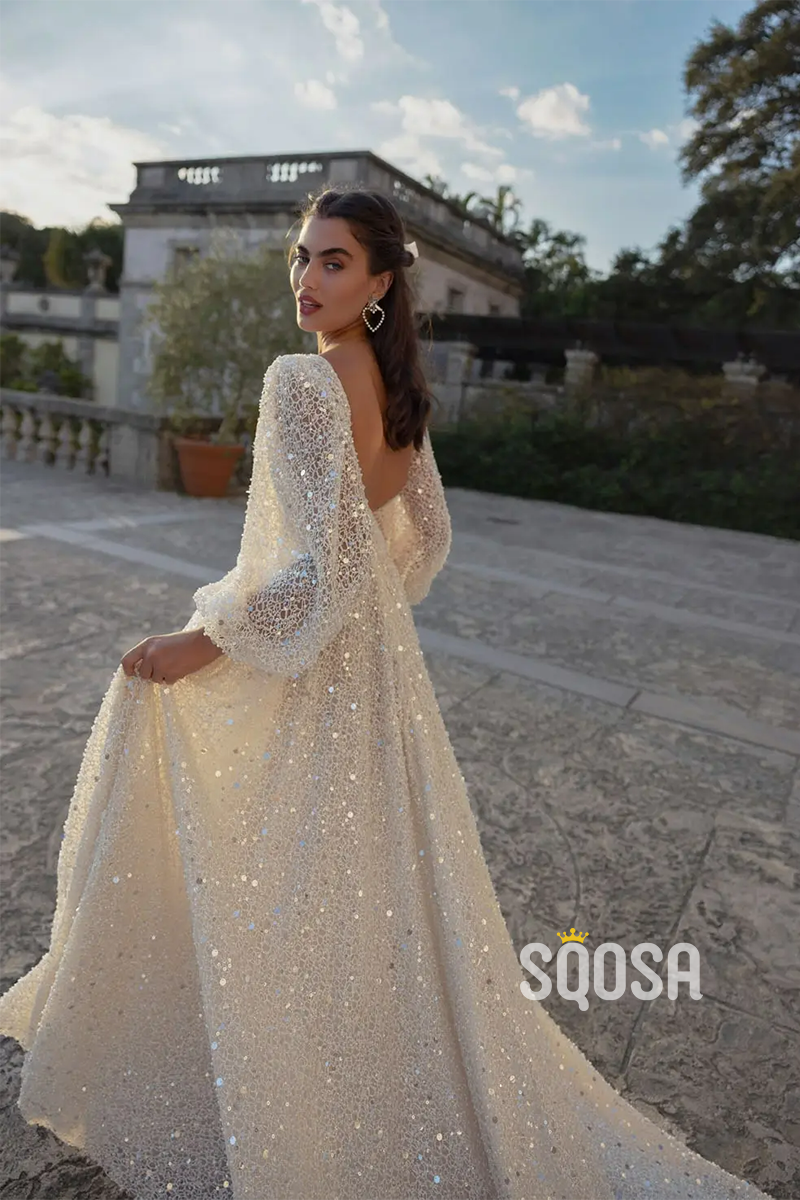A Line Sexy Deep V neck Long Sleeves Romantic Wedding Dress with Court Train QW2299
