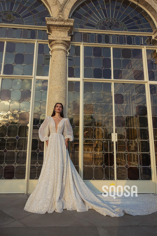 A Line Sexy Deep V neck Long Sleeves Romantic Wedding Dress with Court Train QW2299