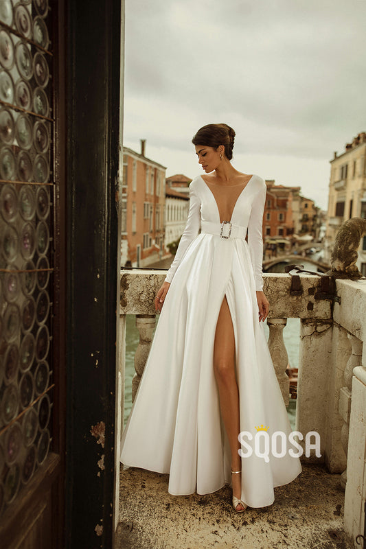 A Line Illusion Deep V neck Long Sleeves Elegant Satin Wedding Dress with Slit QW2401