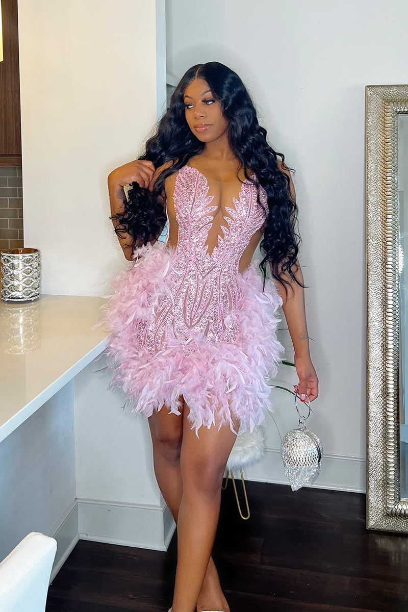 Illusion Deep V Neck Beads Feather Pink Homecoming Dress for Black Women QH2512