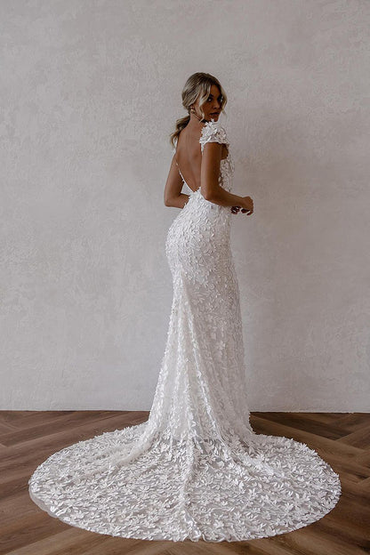 Attractive V neck Allover Lace Romantic Mermaid Wedding Dress with Court Train QW2087