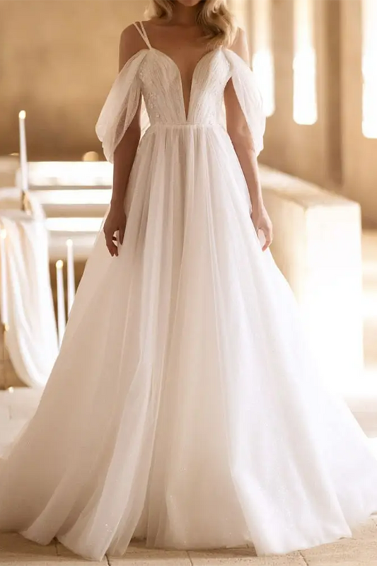 A Line Deep V Neck Tulle Pleats Rustic Wedding Dress with Court Train QW2565