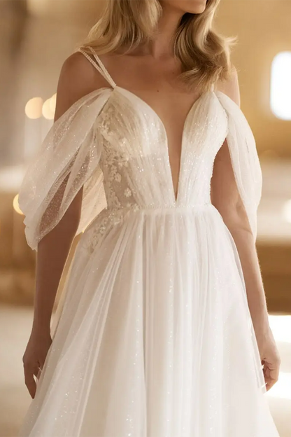 A Line Deep V Neck Tulle Pleats Rustic Wedding Dress with Court Train QW2565