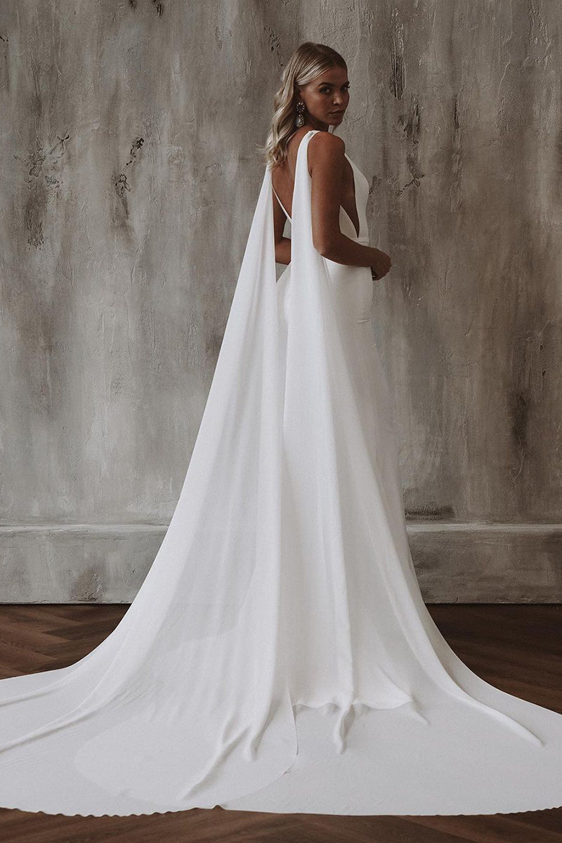 Sexy Deep V neck Ivory Simple Mermaid Wedding Dress with Court Train QW2088