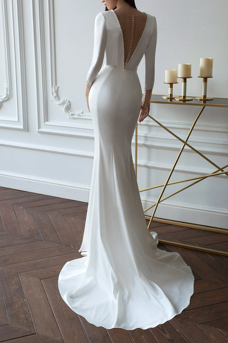 Sheath/Column Illusion Deep V neck Long Sleeve Satin Wedding Dress with Court Train QW2125