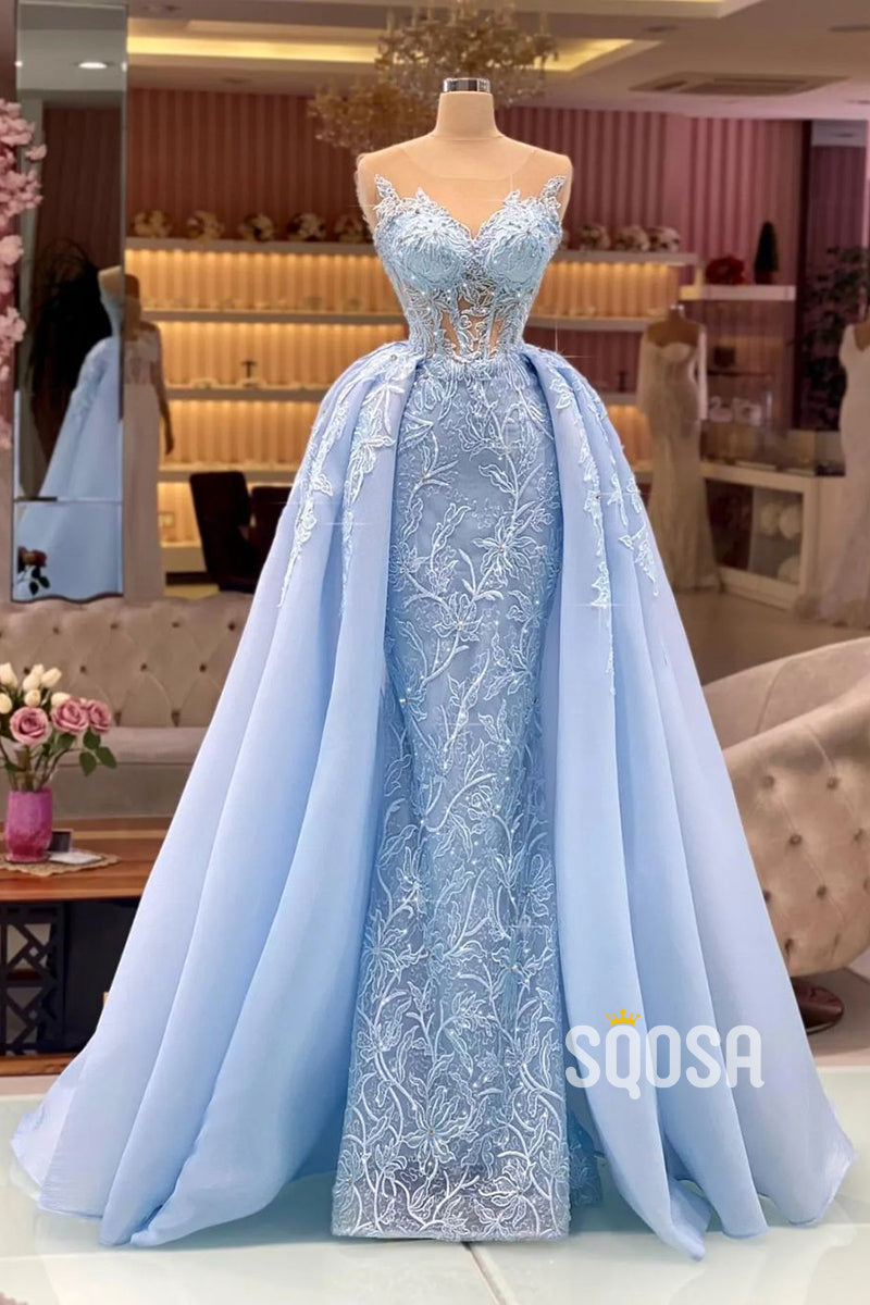 A-Line Strapless Baby Blue Beaded Applique Sheer Long Prom Dress Formal Evening Gowns QP0997