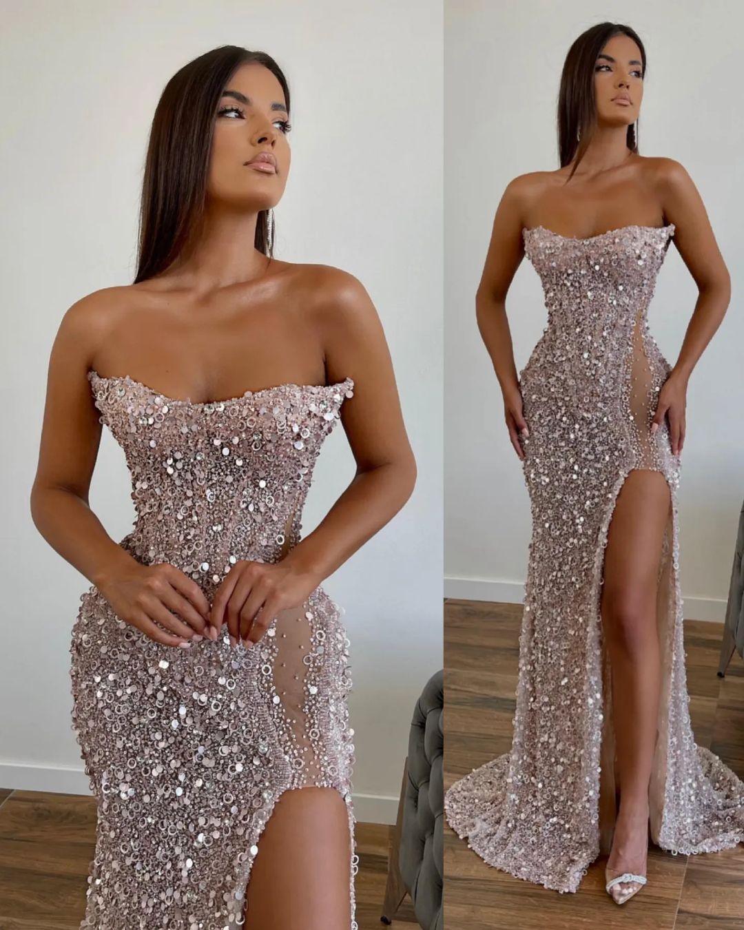 Chic Strapless Beaded Sparkly Long Prom Evening Dress With Split QP3154