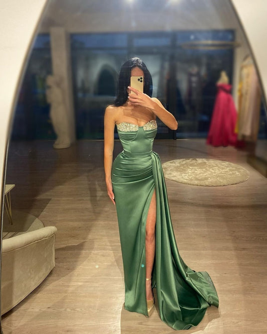 Sheath/Column Strapless Beaded Green Long Sleeves Prom Dress with Slit QP0865