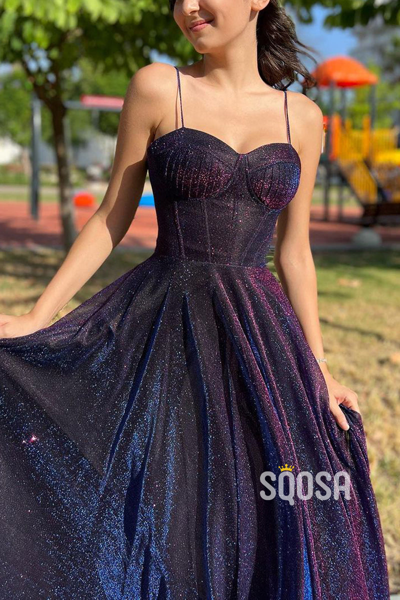 A-line Sweetheart Spaghetti Straps Glitter Tulle Long Prom Dress Formal Evening Gowns QP1367