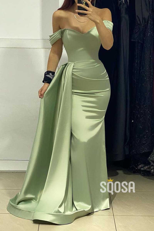 Satin Trumpet Off-Shoulder Empire With Train Formal Prom Dress QP3468