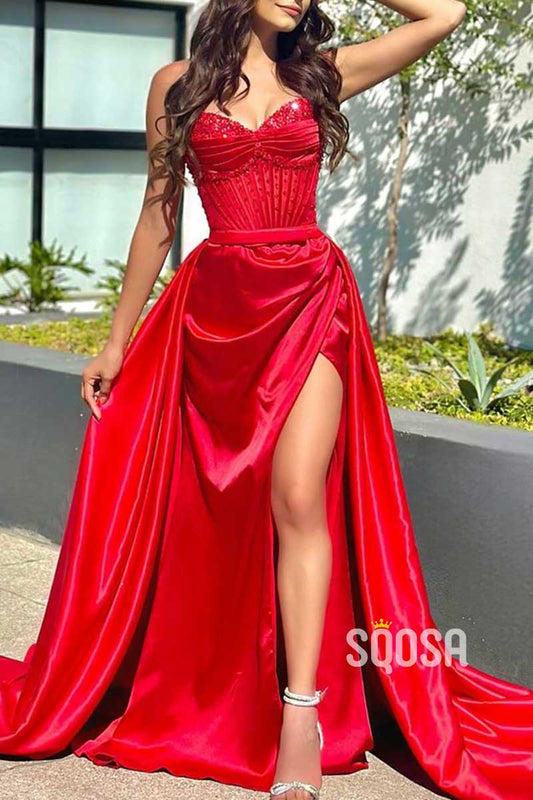 Sexy Satin Sweetheart Empire Beaded Ruched With Side Slit Formal Prom Dress QP3464