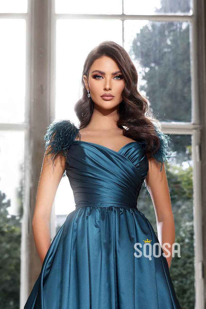A Line Satin Pleats Feathers Elegant Long Prom Formal Dress with Pockets QP2271