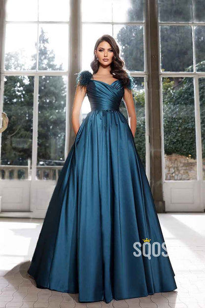 A Line Satin Pleats Feathers Elegant Long Prom Formal Dress with Pockets QP2271
