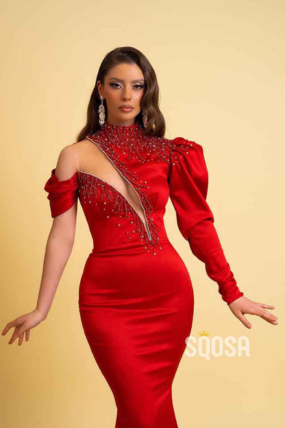 Uniqe High Neck Satin Beads Long Sleeves Red Elegant Formal Party Dress QP2379