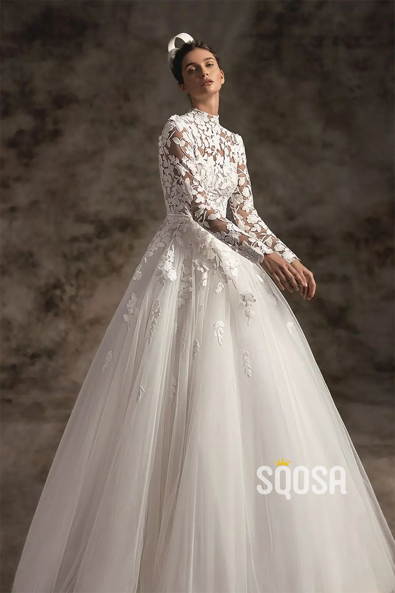 A Line High Neck Lace Long Sleeves Vintage Wedding Dress QW2328