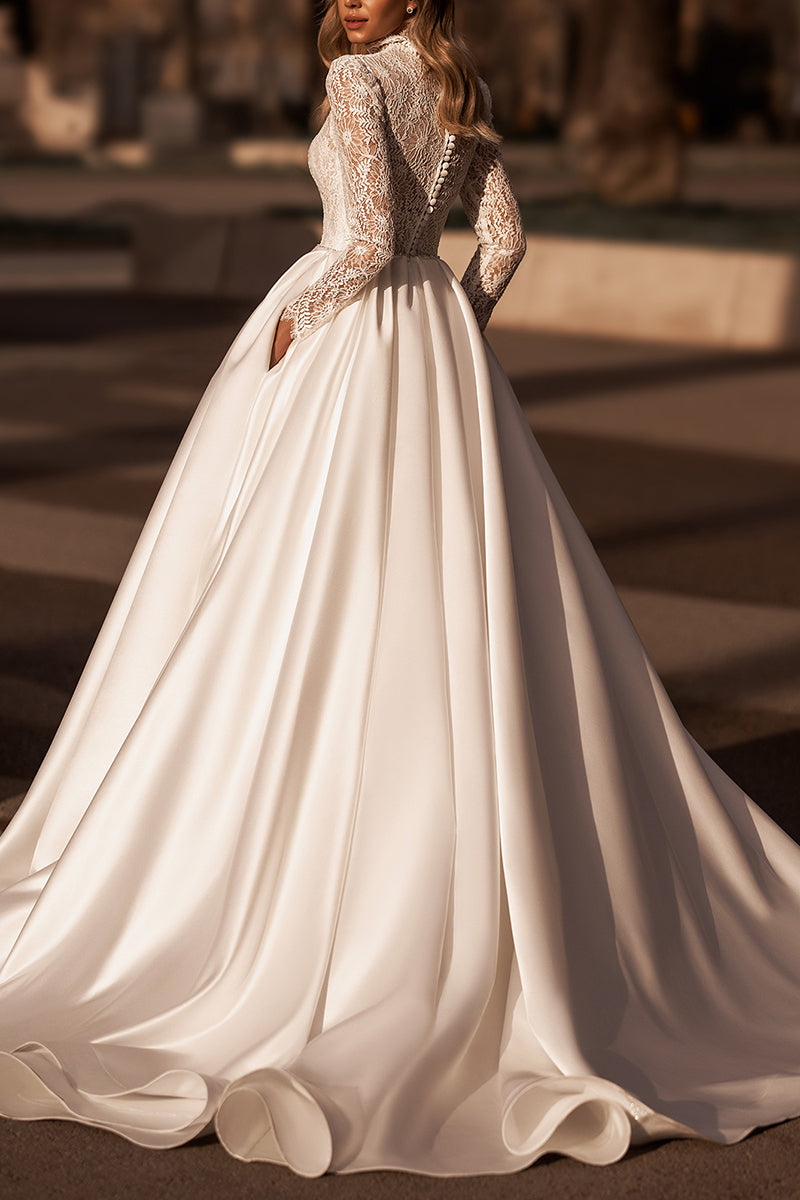 A Line Muslim High Neck Lace Long Sleeves Rustic Wedding Dress with Pockets QW0841