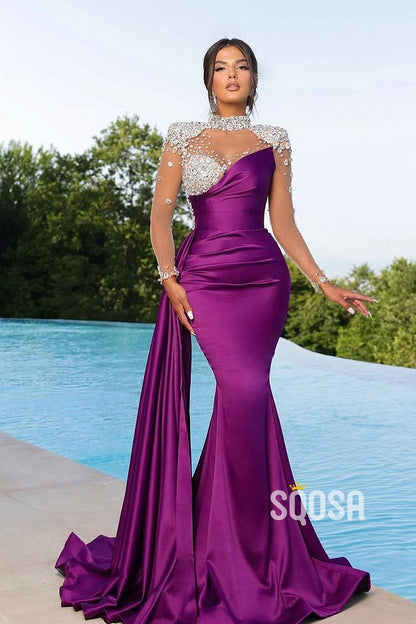 Chic Illusion Neckline Luxury Beads Long Sleeves Mermaid Prom Formal Dress QP1131