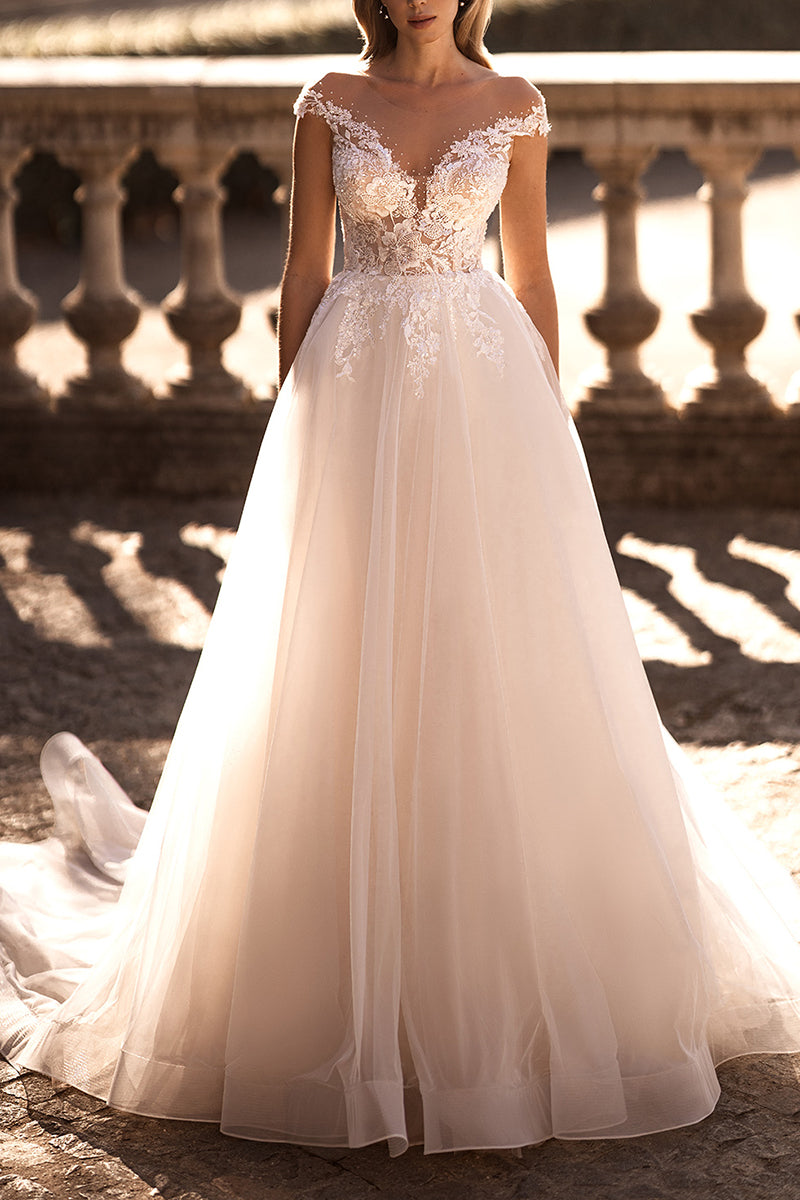 A Line Illusion Neckline Lace Appliques Rustic Wedding Dress Bridal Gown QW0855