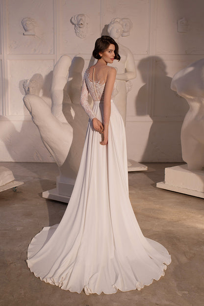 Illusion Neckline Romantic Lace Appliques Long Sleeves A line Boho Wedding Dress QW2678