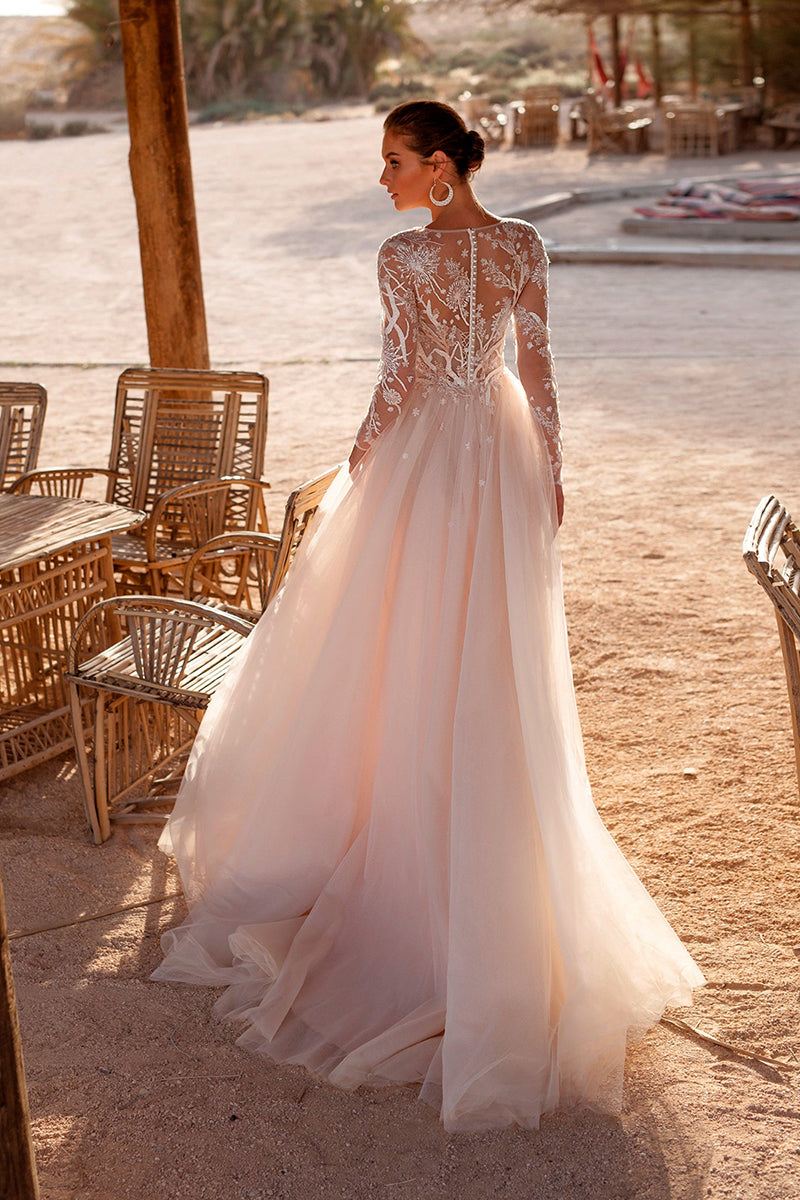 A Line Illusion Neckline Lace Long Sleeves Boho Beach Wedding Dress QW2122