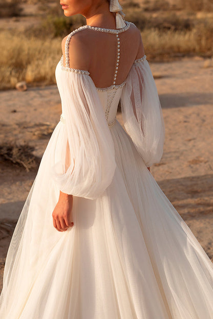 A Line Illusion Neckline Pearls Long Sleeves Boho Wedding Dress QW0957
