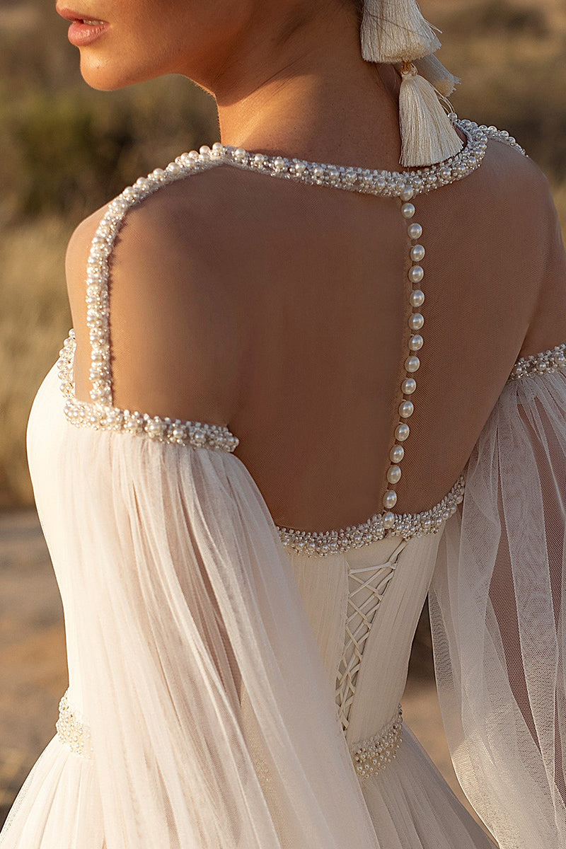 A Line Illusion Neckline Pearls Long Sleeves Boho Wedding Dress QW0957
