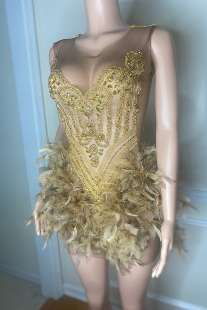 Illusion V neckline Luxury Beads Gold Homecoming Dress for Black Women QH2509