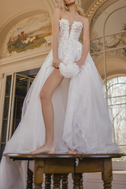 A line Illusion V Neck 3D Appliques Rustic Wedding Dress with Court Train QW2183