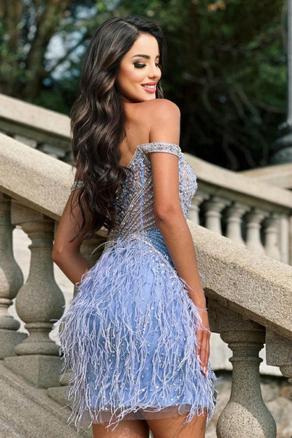 Sheath/Column Illusion V neck Beads Short Party Dress Unique Feathers Homecoming Dress QH2483