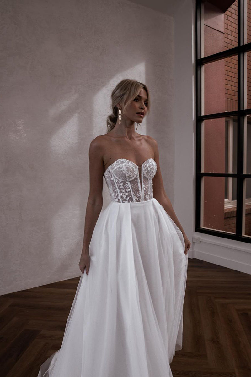 A Line Illusion V neck Lace Appliques Boho Wedding Dress with Slit QW0866
