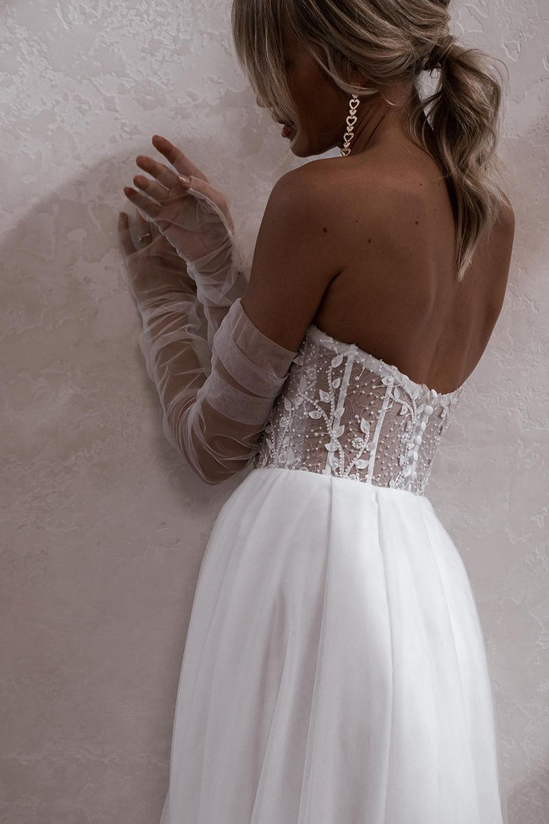 A Line Illusion V neck Lace Appliques Boho Wedding Dress with Slit QW0866