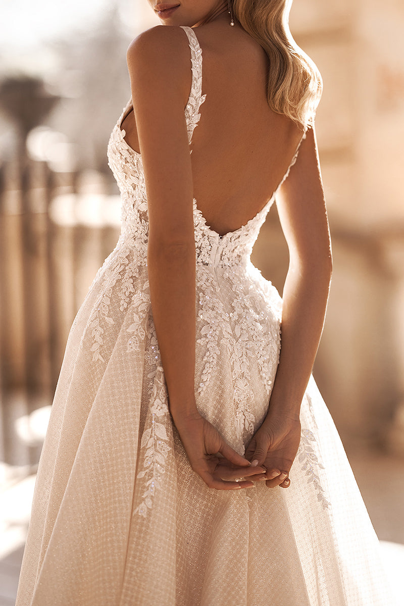A Line Illusion V neck Lace Appliques Rustic Wedding Dress with Slit QW0820